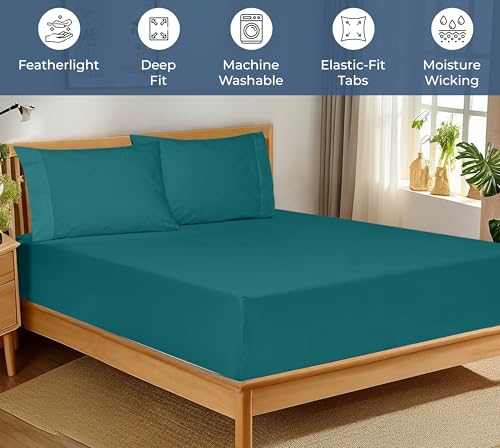 Image of Royale Linens 100% Organic Cotton Fitted Sheet - Percale Weave - Super Soft Deep Pocket Bottom Sheets - Elastic Sheet Twin Size - Twin Fitted Sheets Only - (39 inchx75 inch+15 inch, Teal)