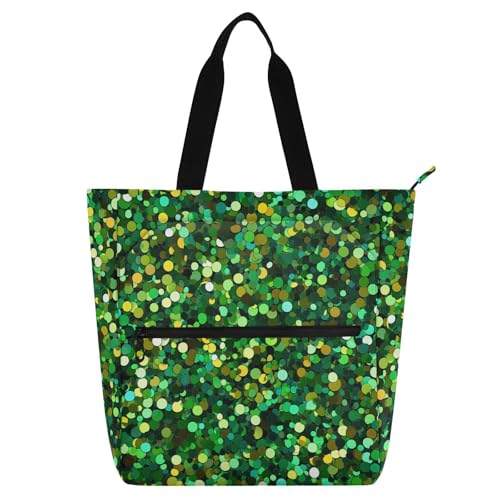 Decorative Kids Book Tote for Boys Girls Women, Green Fake Glitter Sturdy Teacher Tote Bags Shoulder Bag with Zipper for School and Playtime Rainbow para libros