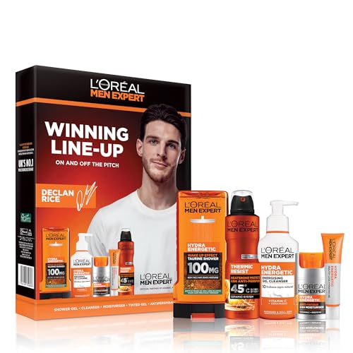 LOréal Paris Men Expert Hydra Energetic World Cup Gift Set for Men Kit Moisturiser 50ml Shower Gel 300ml Gel Cleanser 260ml Tinted Hydrating Gel 40ml & Thermic Resist Deodorant 150ml