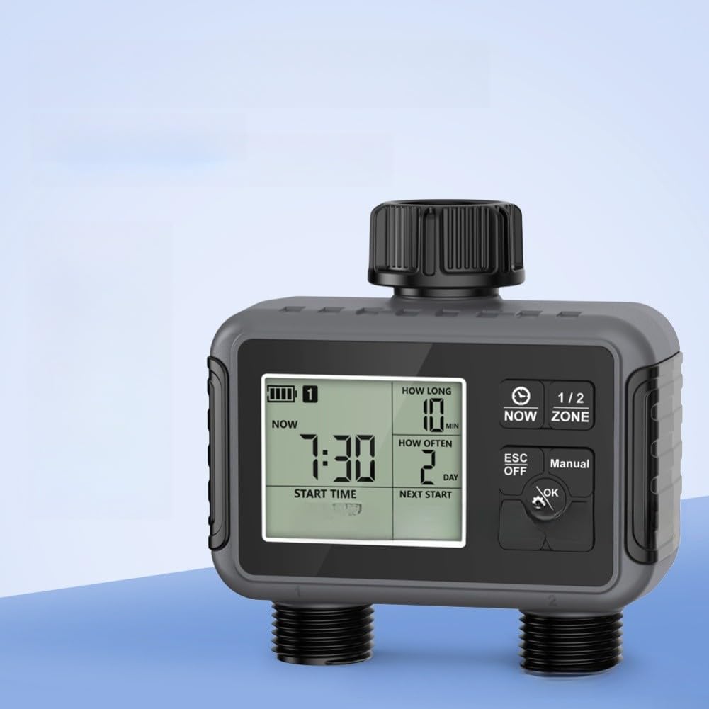 Temporizador de agua programable para grifo de jardín con configuración de entrada y salida de zonas duales independientes y capacidad de anulación manual