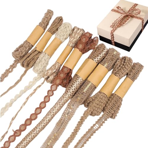 9 rollos de cinta de yute, cinta de yute con encaje, cintas para manualidades, 2 m de longitud, cinta de regalo amarilla y marrón para manualidades, bodas, fiestas, envoltorios de regalo, adecuados