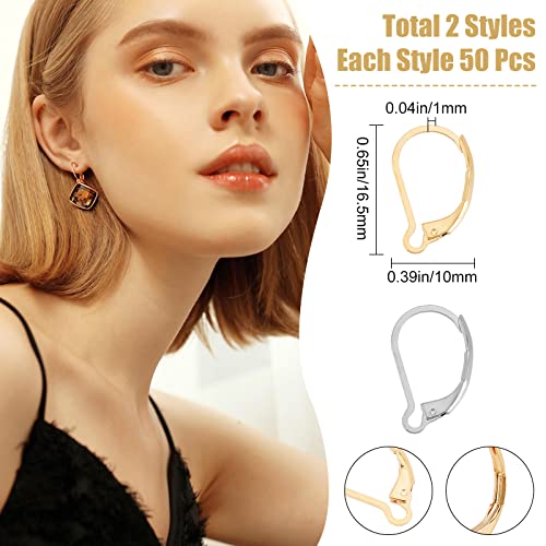 Beebeecraft 100Pcs Leverback Earring Findings 24K Gold Plated Stainless Steel French Earring Hooks 16X10mm Interchangeable Dangle Ear Wire Findings for Jewellry Making (Pin: 0.04 inch(1mm) - Image 2