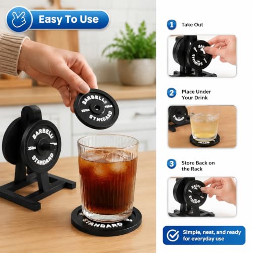 Weight Plate Coaster Set with Rack Holder, Barbell Drink Coasters - Image 4