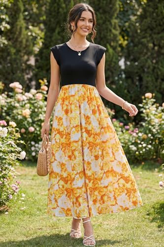 Image of OUGES Women's Maternity Dress Summer Ruffle Sleeve Patchwork Casual Flowy Maxi Dresses with Pockets