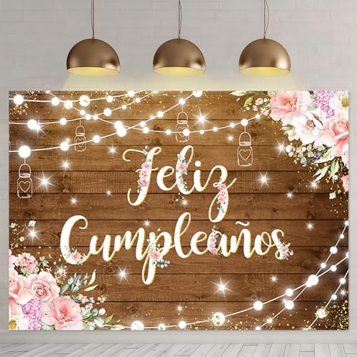 APROPHIC Feliz Cumpleaños Toile de Fond, Bannières Anniversaire Fleurs Roses et Rond en Bois, Vintage, Fond Photo de Ferme, Décoration de Fête d'anniversaire 210 x 150cm