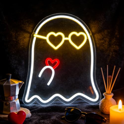 Image of White&Yellow Neon Sign Led Neon Lights Signs for Wall Decor USB Powered Led Signs for Room Decoration-Eyeglass Heart Ghost