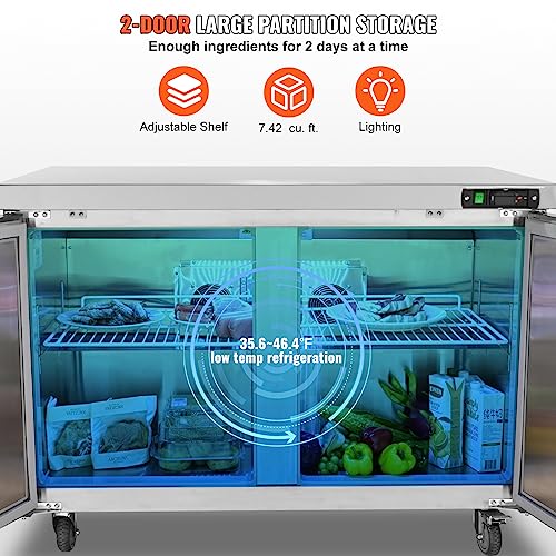 Image of VEVOR Commercial Refrigerator, 48 inch Worktop Undercounter Refrigerator, 12.85 Cu. Ft Thick Stainless Steel Refrigerated Food Prep Station, 2 Door Worktop Fridge with lock for Restaurant, Bar, Diner | 2 Door Food Prep Table, Stainless Steel Refrigerated Salad Prep with Lock, Adjustable Racks, for Restaurant Bar Diner