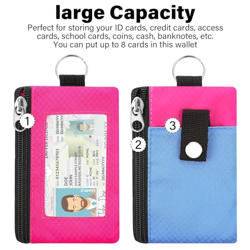 Image of Minimalist RFID Blocking Wallet with Lanyard, Functional ID Case with 2 Zipper Pockets and Key Chain for Men and Women, Tactical Badge Pouch Cards Holder, Coin Purse for Travel Sports-Rose