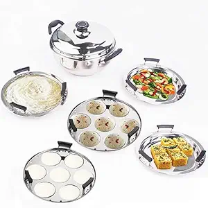 The Indus Valley Stainless Steel Idli Pot/Multi Pot/Steaming Set with Lid | 2 Idly, 2 Dhokla & 1 Steamer Plate | 4.2 Litre, Gas & Induction Friendly | 3-Layer Sandwich Triply Bottom, 100% Toxin-free