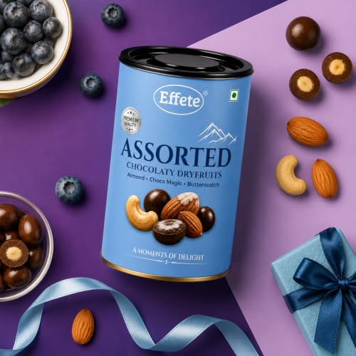 Image of Effete Choco Coated Assorted Chocolate Dryfruits Can (Almond, Butter Scotch, Choco Magic) - 96gm, Chocolaty Dryfruits, Assorted Dryfruits chocolates packet, chocolates gift pack, chocolate box