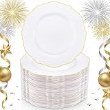 WDF 60pcs Gold Plastic Dinner Plates -10.25inch Baroque White and Gold Plates Fancy Heavy Duty Plastic Plates for Upscale New Year & Wedding & Birthday