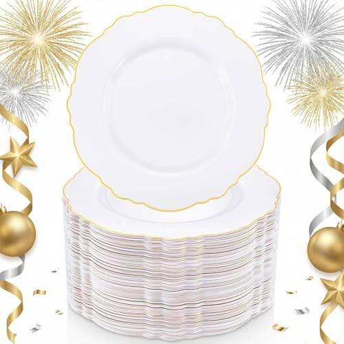 WDF 60pcs Gold Plastic Dinner Plates -10.25inch Baroque White and Gold Plates Fancy Heavy Duty Plastic Plates for Upscale New Year & Wedding & Birthday WDF 60pcs Gold Plastic Dinner Plates -10.25inch Baroque White and Gold Plates Fancy Heavy Duty Plastic Plates for Upscale New Year & Wedding & Birthday