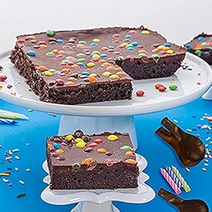 Chocolate Candy Birthday Brownie Cake With Balloons & Candles By Dulcet Gift Baskets- Freshly Baked Handmade Birthday Cake- Complete Happy Birthday Cake Set – Reusable Maroon Gift Box – 2 8×8 Cakes