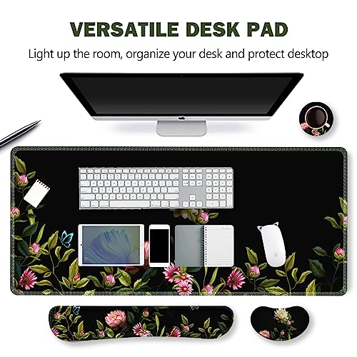Image of ARTSO Gaming Mouse Pad Wrist Support Set, XXL Large Desk Mat Mousepad + Keyboard Wrist Support+ Mouse Wrist Rest+Coaster 4in1 Ergonomic, Stitched Edge for Home Office -Flowers and Butterflies