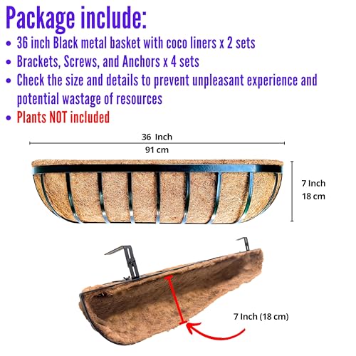 Image of LaLaGreen Railing Planters Box (36 inch, 2 Pack) Black Metal Rectangular Window Flower Box with Coco Liner, Extra Large Wall Hanging Planter for Outdoor Plants Deck Rail Fence Bracket Balcony Porch Garden