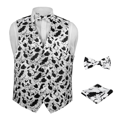 Men's Dress Vest COW Pattern Design with Black Background. Vaca Animal Cattle Milk Cow Mens BOW Tie and Hanky Set