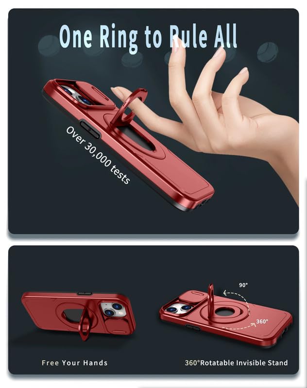 Image of LuxuryKase MagSafe Shockproof Rugged Back Case for iPhone 15 | Finger Ring Kickstand & Sliding Camera Cover | Military Drop Protection | Wireless Charging Support - Red