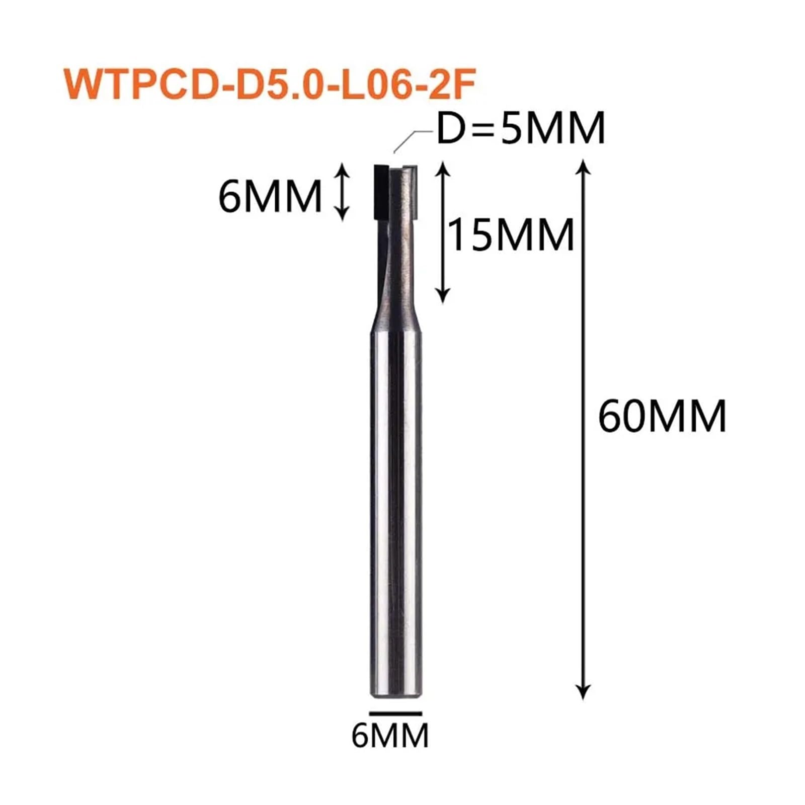 Fresa de flauta recta CNC PCD, fresa extremo pulido, brocas enrutadoras carburo silicio for madera aluminio, 1 ud(D5.0-L06-2F)