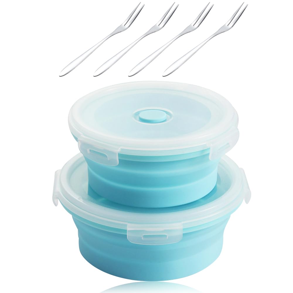 Ciotola pieghevole, 2 pezzi, con coperchio, in silicone, con forchetta da frutta, per campeggio, escursioni, cucina, scuola, all'aperto (blu)