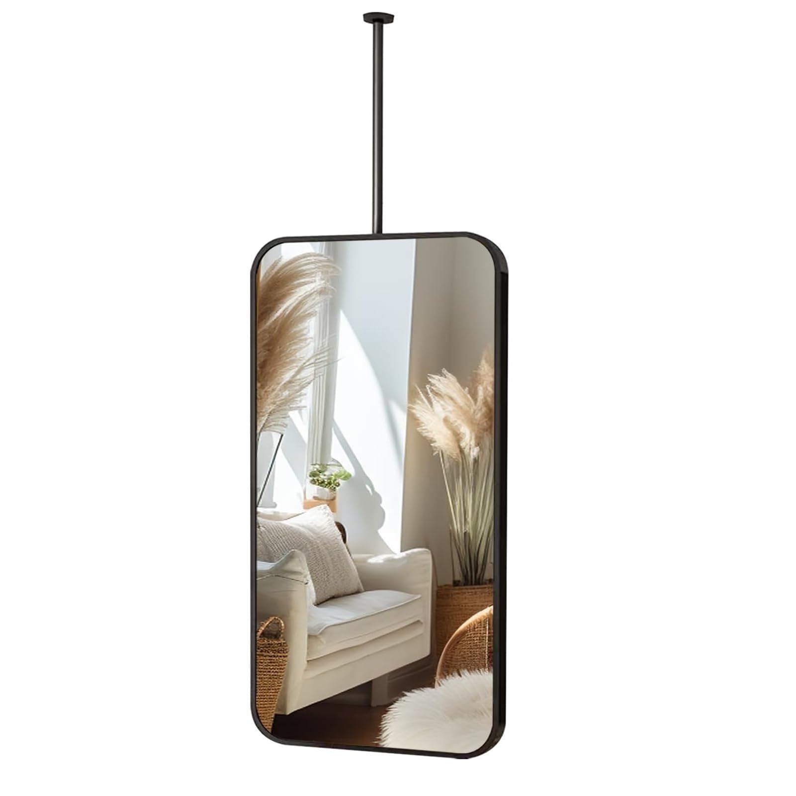 QICBYING Ceiling Suspended Mirror With Metal Frame And Hanging Rod, Rectangle Ceiling Hanging Mirror, Modern Bathroom Vanity Mirror, Wall Mirrors For Home Decor(60L x 90W cm)