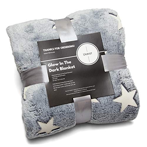 Ukrist Retailers Glow in The Dark Blanket - Kid Room Decor - Cool Space Blanket - Glow Tent - Boys/Girls - 50x60 - Machine Washable - Grey Stars - Lightweight