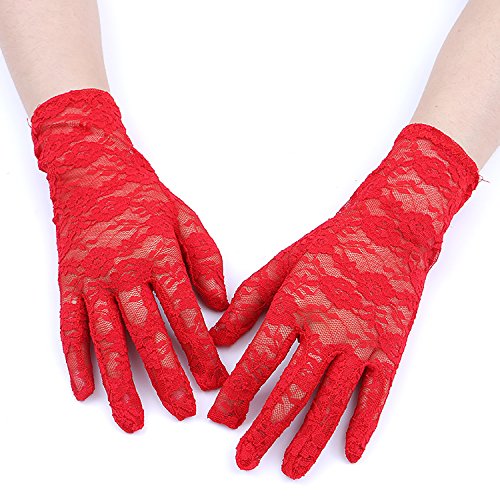 GREATLOVE Women's Summer Elegant Short Lace Elastic Gloves, Red, 8.66