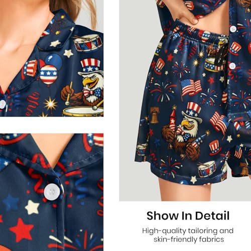 Image of Funny Pajamas for Women Set Print Satin Loungewear Pjs Short Sleeve Button Down Top and Shorts Sets Sleepwear XS-3XL