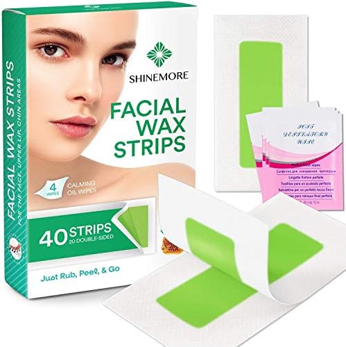 ShineMore Facial Wax Strips - Hypoallergenic for All Skin Types - Wax strips for hair removal - Gentle and Fast-Working for Face, Eyebrow, Upper Lip, and Chin (40 Women Wax Strips + 4 Calming Oil Wipes NATURE NATION Ingredients )