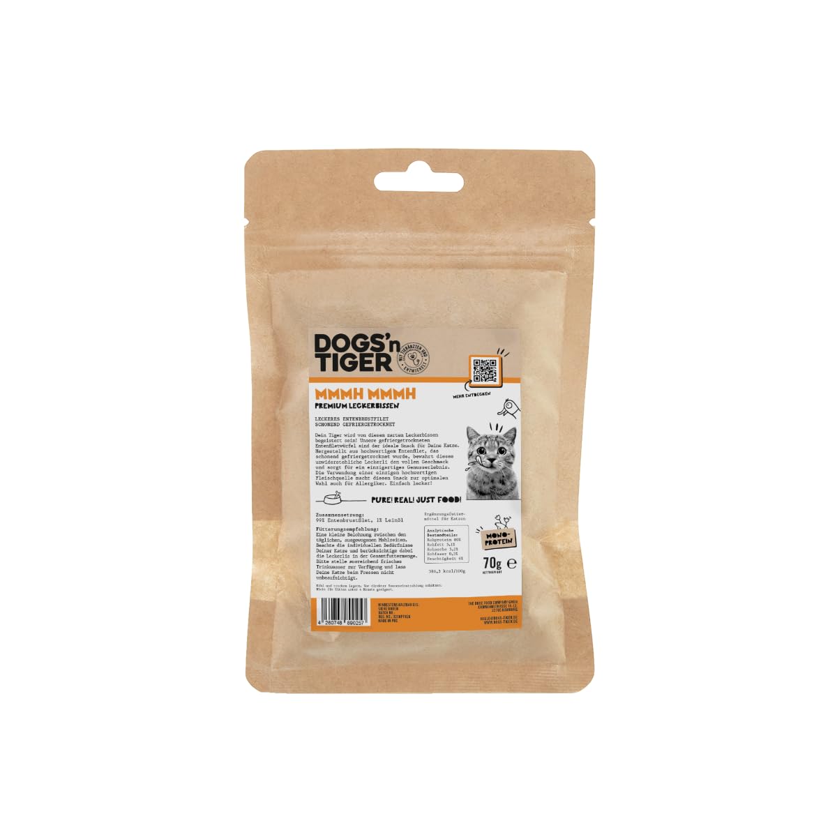 Dogs'n Tiger Adult Gatos Snacks Mmmh mmmh Pato, golosinas de 99% de Carne, sin azúcar, Cereales y sabores Artificiales, Bien tolerado liofilizado de pechuga de Pato, 14 x 30 g