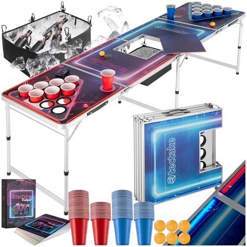 tectake Bierpong Tisch mit Eiskühler und Party Deko LED Beleuchtung Aluminium Tisch höhenverstellbar Klapptisch Set mit Zubehör Beerpong Table 100 Plastikbecher 6 Bälle + Trinkspiel Kartenspiel