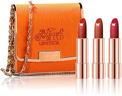 Matte Lipstick Set 3 Colors Lip Stick with Orange Chain Bag Package Velvet Lip stick Gift Box Set Waterproof Non-Stick Cup Long Lasting Retractable Red Lipstick Set 3.5gx3 Pcs