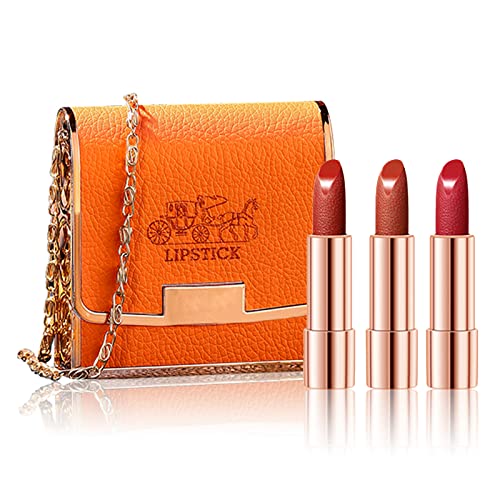 Newvenper Matte Lipstick Set 3 Colors Lip Stick with Sliver Chain Bag Package Velvet Lip stick Set Waterproof Non-Stick Cup Long Lasting Retractable Red Lipstick Set 3.5gx3 Pcs