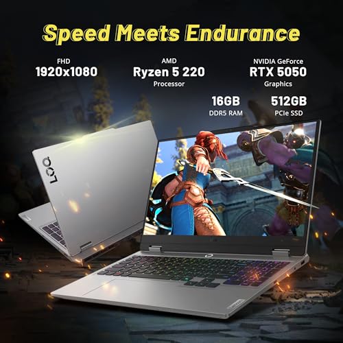 Image of Lenovo LOQ 15.6 inch FHD 144Hz Gaming Laptop, AMD Ryzen 5 220, GeForce RTX 5050 8GB GDDR7, 16GB DDR5, 1.5TB Storage (512GB SSD +1TB Docking Station), Backlit Keyboard, HD Camera, Windows 11 Home, Gray