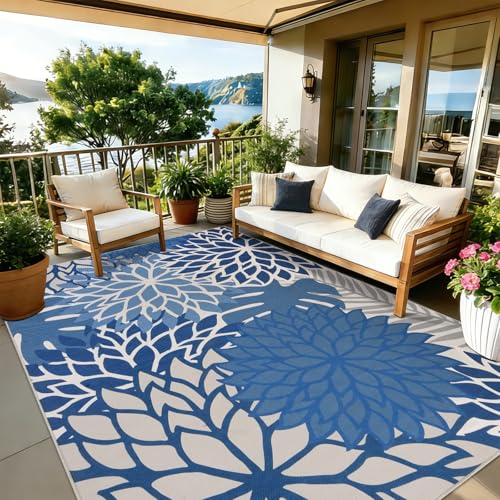 Image of Homcomodar Outdoor Rug 160x230cm Jute Rugs Living Room Washable Indoor Outdoor Rug Living Room Non-Slip Flower Garden Rug for Patio Balcony Deck Living Rooms Kitchen Bedroom(Blue)