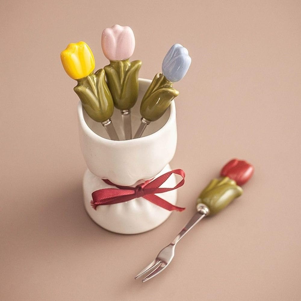 Set di 4 forchette da frutta, forchette da dessert decorative con barattolo, in ceramica, riutilizzabili, per la decorazione della casa (bianco)