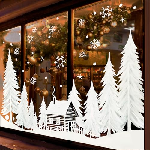 Whaline 55" Large Christmas Window Clings White Xmas Tree Cabin Snowflake Window Decal Reusable Anti-Collision Windows Decor for Winter Holiday Home Party Supplies, 8 Sheets