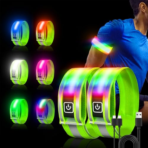 ocuvaep 2025 Led Armband Aufladbar 2 Stück Reflective LED Leuchtarmband 5 Farben 3 Lichtmodi Leuchtbänder USB Reflektorband Running Reflektoren Armbänder für Running Joggen Radfahren