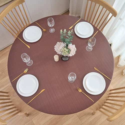 NLMUVW Vinyl Round Tablecloth Fitted with Elastic Edge Flannel Back 100% Waterproof PVC Table Cloth Wipe Clean Table Cover for Camping Outdoor, Brown, 57"- 65"
