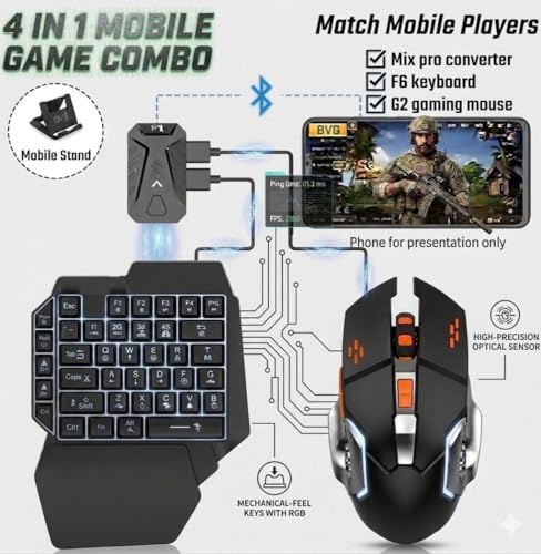Image of BVG 4-in-1 Mobile Gaming Combo: RGB One-Handed Keyboard, Gaming Mouse, Converter & Stand for Android, Lag-Free Wired & Wireless Connection for FPS Games