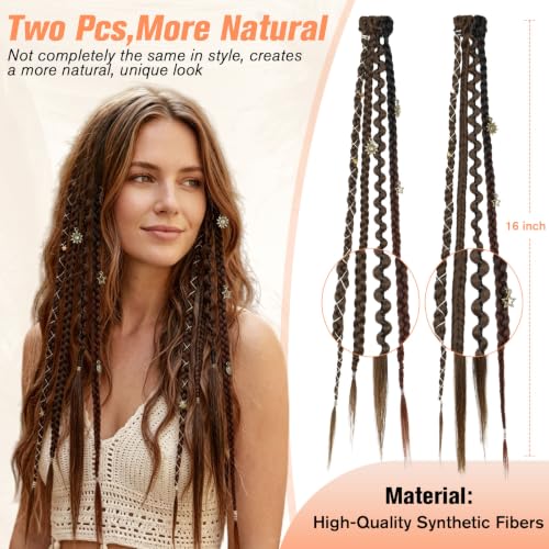 BOGSEA 2PCS Clip in Braids Hair Extensions, Boho Dreadlock Brown Mixed — view 2