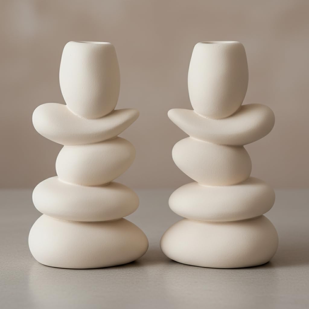 Faux Pebble Candlestick Holders Set of 2, Modern Candle Stick Holders for Wedding Table Centerpieces Shelf Decor Housewarming Gift, Fits 0.87'' Candles, Cream White