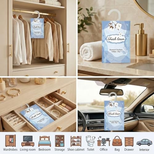 Image of 12 Packs Fresh Linen Hanging Scented Sachets for Drawers and Closets with Retractable Hook| Long-Lasting Closet Air Freshener & Closet Deodorizer | Closet Scent Freshener (Fresh Linen)