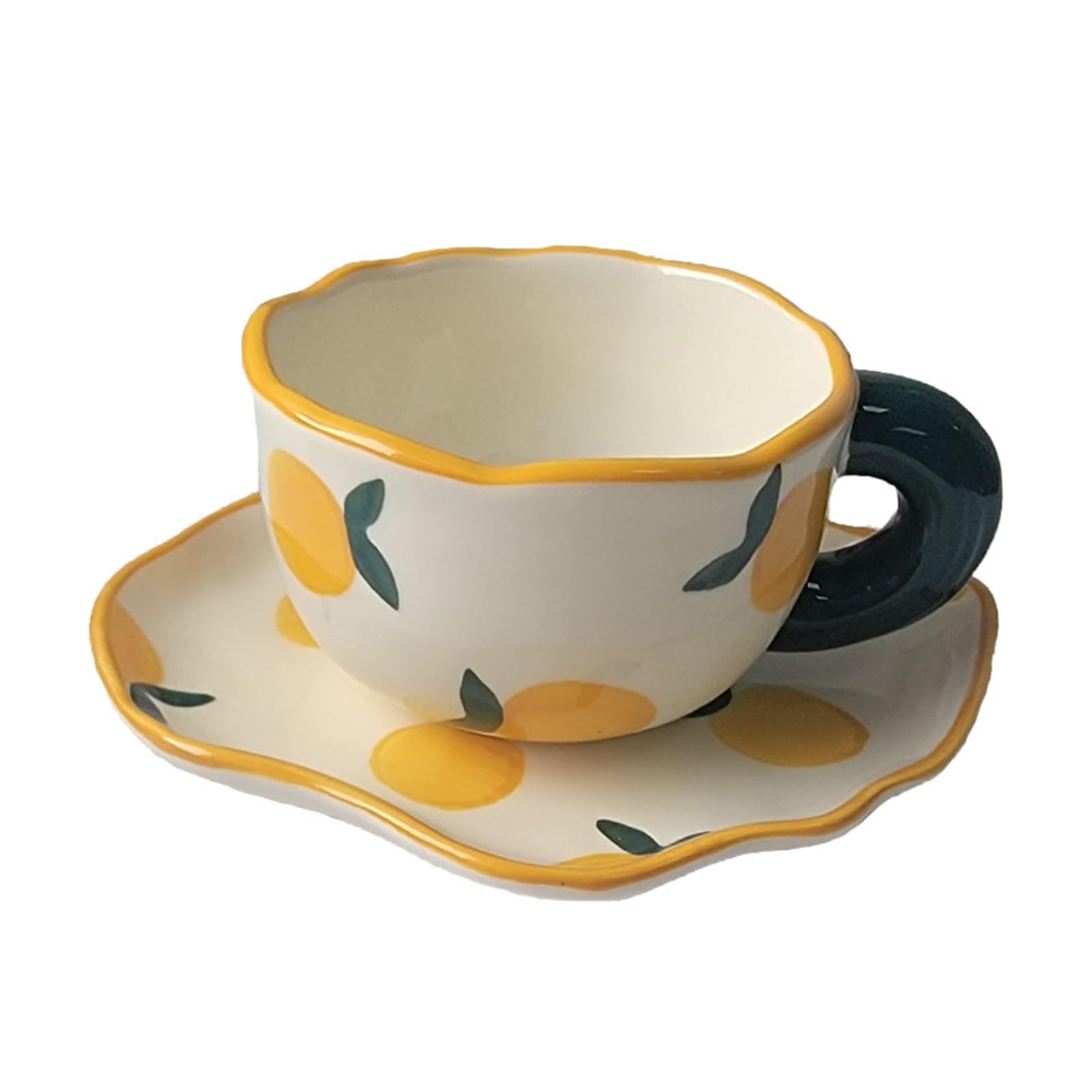 Soulnioi Ceramic Coffee Mug, Cute Cappuccino Cup and Saucer Set, 180ML Handpainting Tea Cup Milk Cup for Gift - White Orange