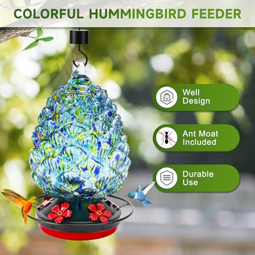 Asuka Kolibri-Futterspender aus Glas für den Außenbereich, zum Aufhängen, 963 ml, mundgeblasener Wildvogel-Futterspender mit 5 Futteröffnungen, Vogelnektar-Futterstation für Garten, – Bild 3