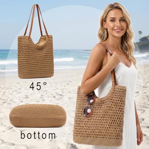 Image of Bycobecy Woven Tote Bag for Women, Summer Beach Bag Large Crochet Shoulder Purse Handbag Boho Knit Bag for Summer Travel