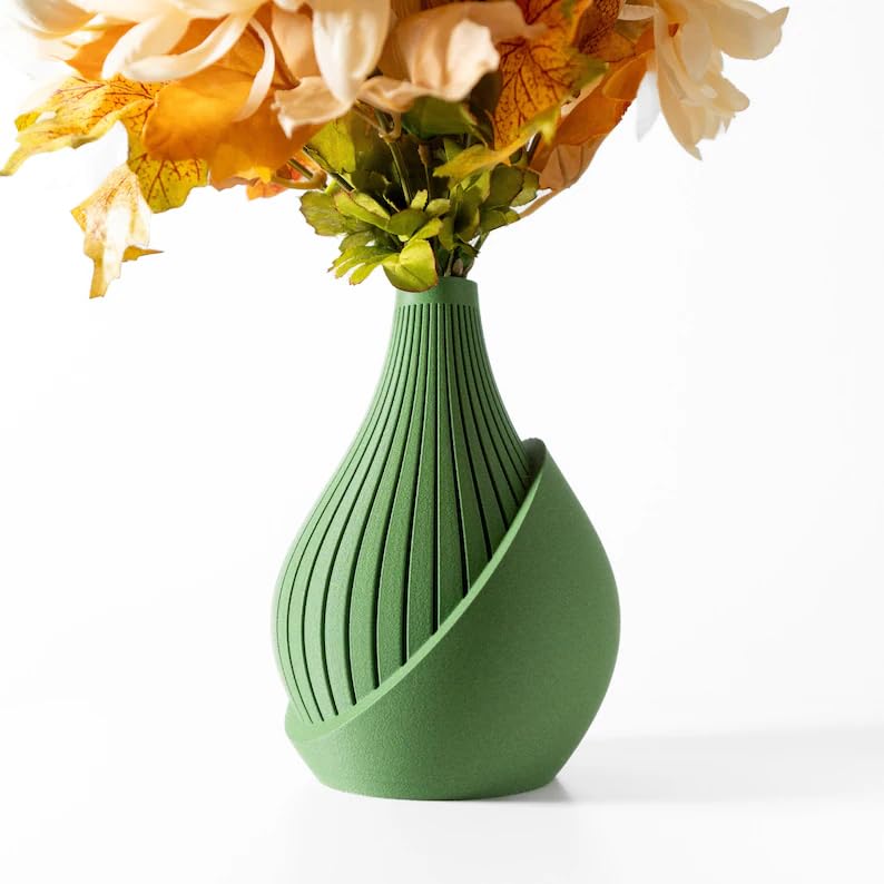 Modern Decorative Vase, Ribbed Design, 13 cm Wide x 18 cm Tall, Matte Green, Living Room Decor-image-48