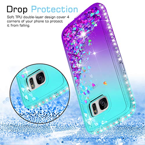 Leyi Compatible With Galaxy S7 Glitter Case With 2Pcs Tempered Glass Screen Protector For Girls Women, Bling Sparkle Diamond Phone Case For Samsung Galaxy S7, Gradient Teal/Purple #TOP4