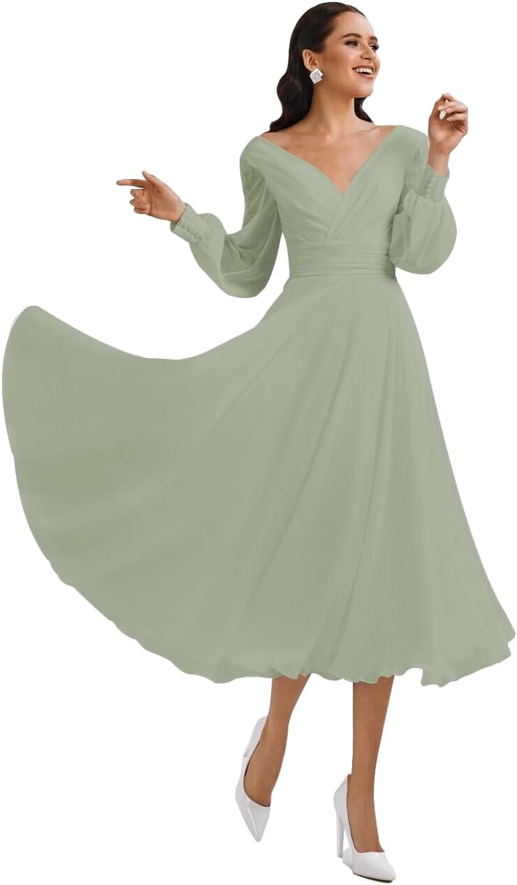 Women's Long Sleeves Tea Length Wedding Dress for Bride Chiffon V Neck A Line Midi Bridal Dress for Women