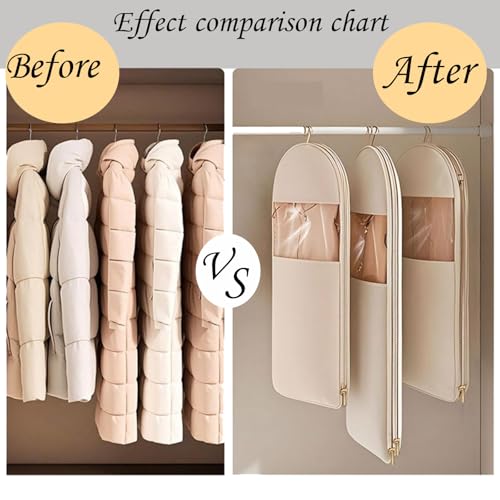 Space Saving Hanging Garment Bag with Self Compression Zipper,Saving Hanging Protector for Down Coat, Transparent Visibility Space Savin gown Compression Dust Cover for CDown Coat4