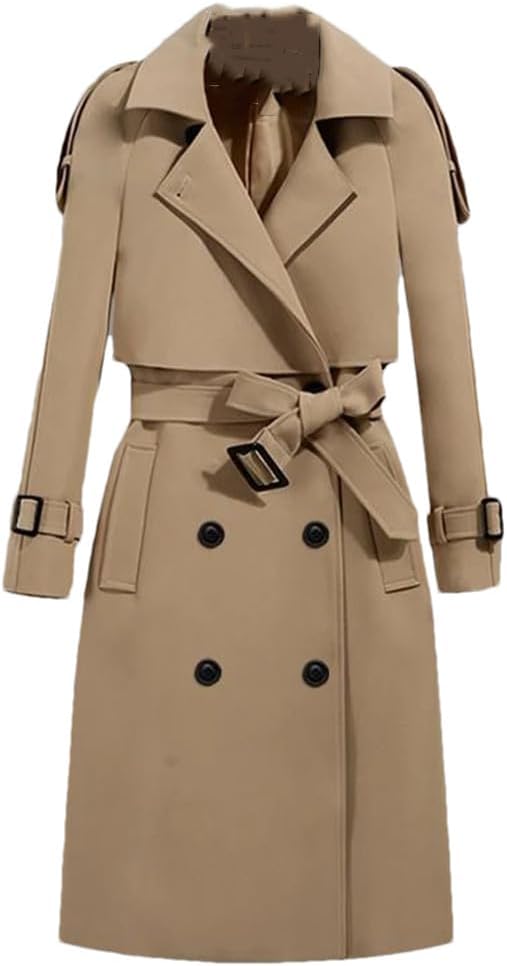 Women's Long Coats With Belt Autumn Windbreaker Double-Breasted Solid Trench